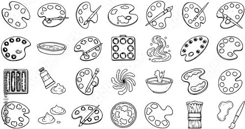 Black and White Line Art Icons of Painting Supplies: Palettes, Brushes, Paint Tubes, Water Dish, and Splatter