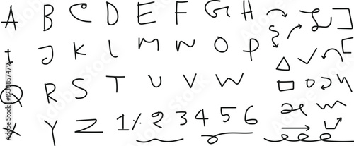 Alphabet and numbers handwritten in black ink