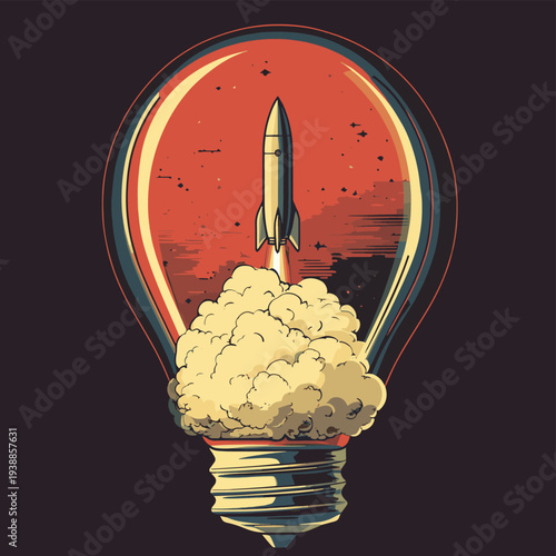 a mushroom cloud inside a light bulb with a rocket launch in the background , vector style simple color