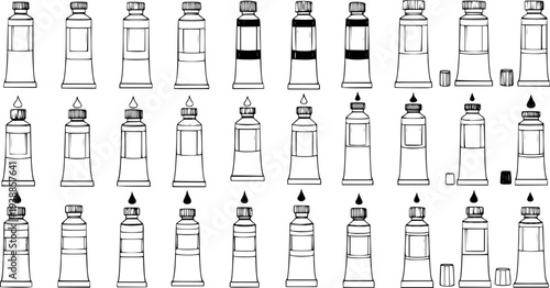 Black and White Hand Drawn Line Art Illustration of Various Artist Paint Tubes with Paint Drops, Ideal for Creative Art Supplies, Painting, and Craft Concepts