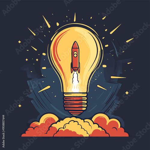 a mushroom cloud inside a light bulb with a rocket launch in the background , vector style simple color