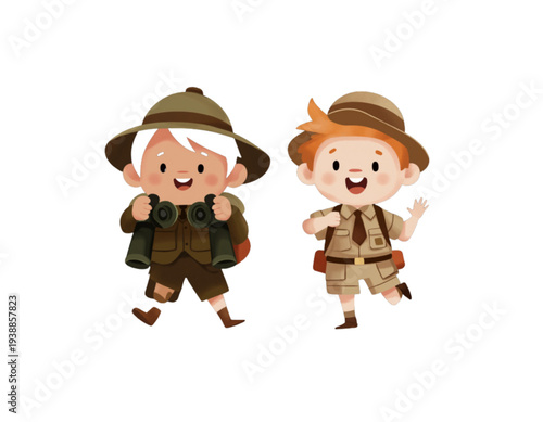 Two cartoon boys dressed as explorers walking on a plain background