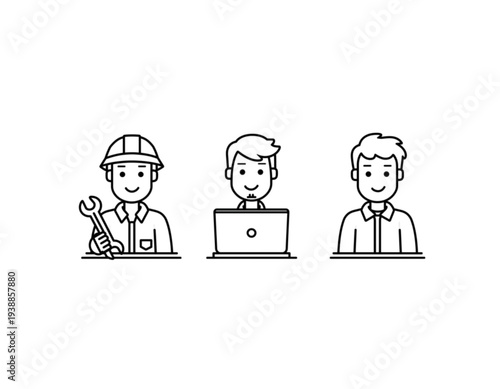 A minimalist vector graphic illustration of three smiling men in different professions