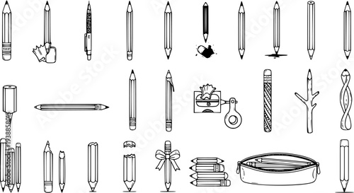 Education and Stationery Vector Line Art Icons Set: Various Pencils, Mechanical Pencils, Pens, Sharpeners, and Pencil Cases in Black and White Doodle Style
