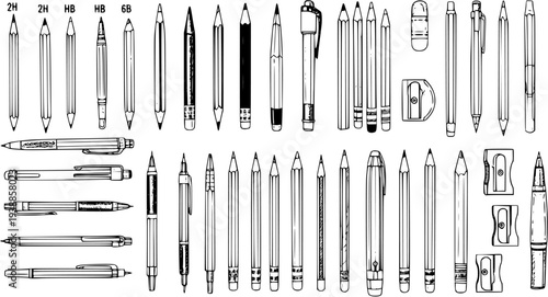 Education  Art Supplies Black and White Line Art: Hand-Drawn Pencils, Pens, Eraser, and Sharpeners for School, Office, and Creative Work
