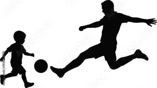Father and son playing soccer silhouette, family bonding outdoor football activity, parenting moment with child sports fun vector illustration