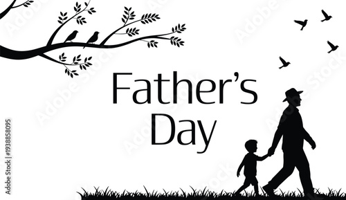 Fathers Day silhouette illustration with father and son walking together under tree branch with birds, family love and parenting concept