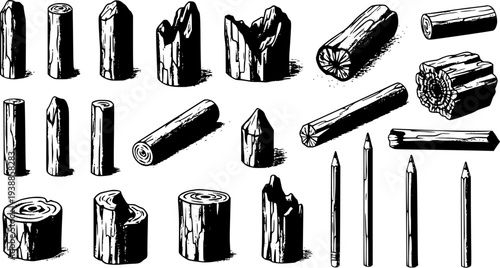 Wood and Pencils Black  White Line Art Collection. Hand-drawn rustic logs, stumps, and sharp pencils for forestry, craft, and education designs.