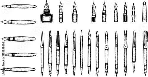 Vintage Writing and Education Stationery Black and White Line Art Sketch Set: Hand-Drawn Collection of Fountain Pens, Dip Pens, Nibs, and Ink Bottle.