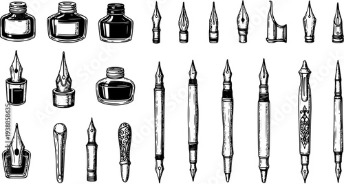 Vintage Ink Bottles and Nib Pens, Black and White Line Art Illustration