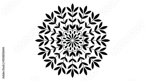 Intricate black mandala design with leaf like patterns on white background symbolizing harmony and balance in a minimalist style