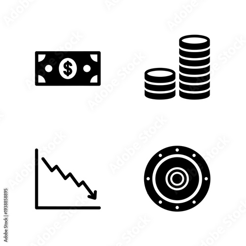 Financial icons depicting money loss and target on transparent background silhouette