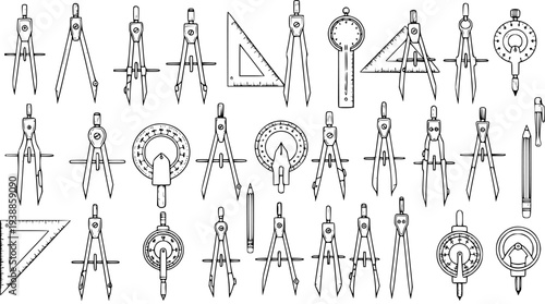 Black and White Line Art of Drafting and Geometry Tools: Compasses, Rulers, Protractor