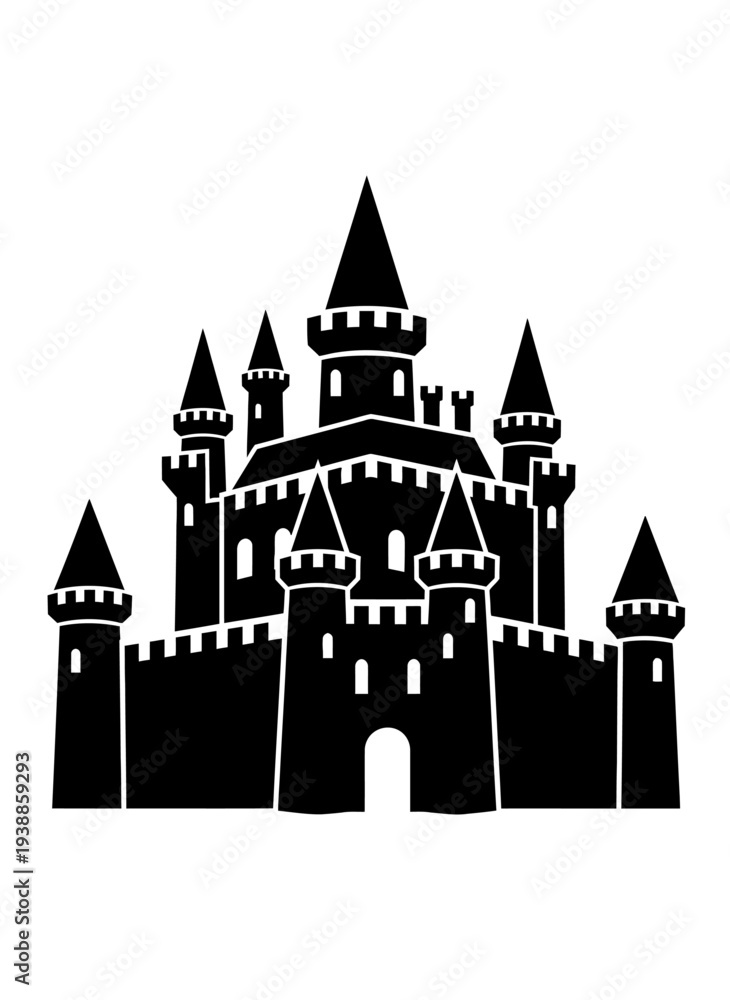 Fototapeta premium Detailed black castle illustration with towers a striking silhouette on transparent background