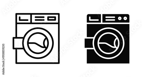 A simple graphic illustration of two washing machine icons in black and white