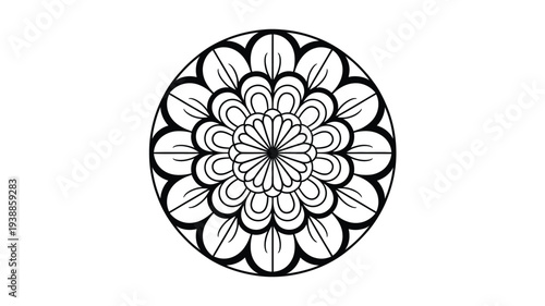 Intricate black and white circular mandala design with floral patterns on a plain background for art and craft projects