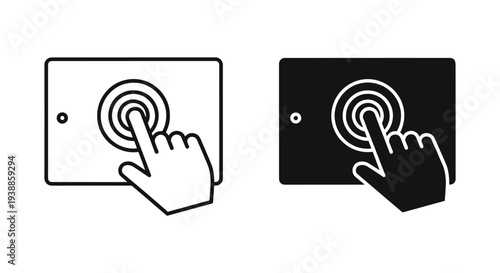 A hand pressing a button on a modern interface with a black and white design