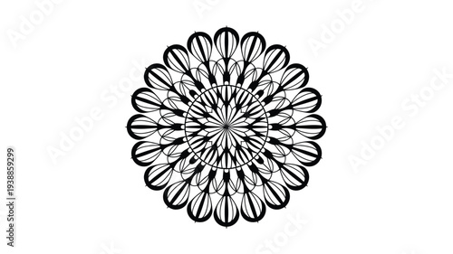 Intricate black and white mandala design with floral patterns on a plain background for coloring book pages and meditation