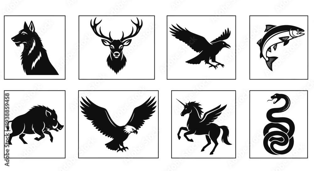Fototapeta premium Animal silhouettes collection with wolf deer bird fish and more on transparent background