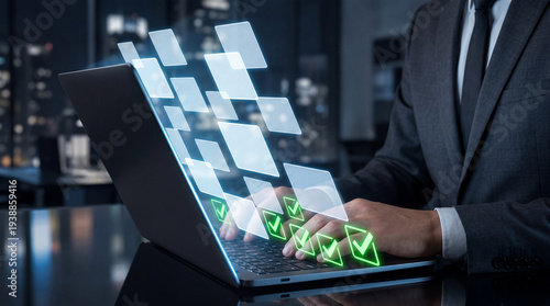 Task completion and approval process. Automated request submission workflow. Checkmark icons. Businessman using laptop computer to manage tasks.