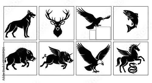 Animal silhouettes arranged in a grid on transparent background