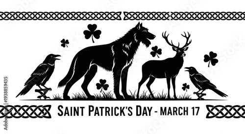 Saint patrick s day animal illustration with celtic border on transparent background silhouette