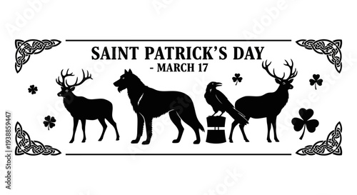 Saint patrick s day graphic with deer wolf and raven silhouette on transparent background