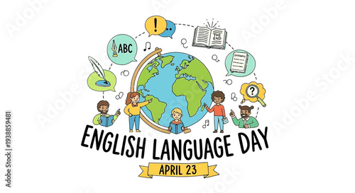 English Language Day Illustration with Globe and People.