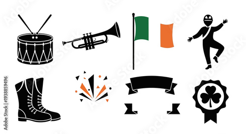 Irish celebration icons with musical instruments and dancing on transparent background silhouette