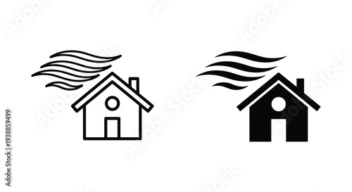 A simple black and white illustration of two house icons with wind blowing over them