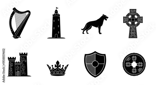 Irish symbols collection including a harp tower and dog silhouette on transparent background