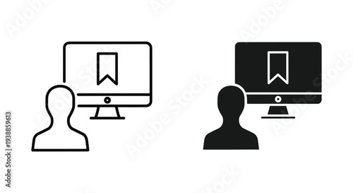 A simple black and white illustration of two people looking at computer monitors with a bookmark on the screen