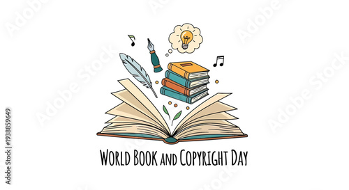 Open Book with Stationery and Decorations.