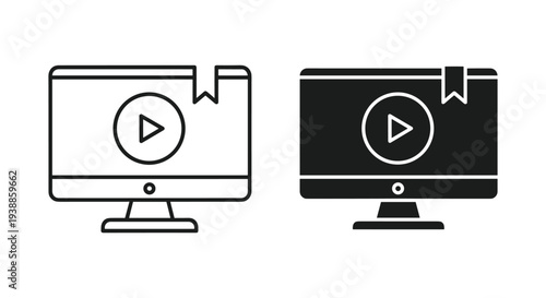 Two computer monitors displaying video play icons in black and white