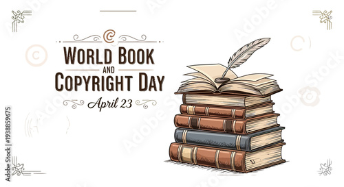 Stack of Books with Quill Pen.