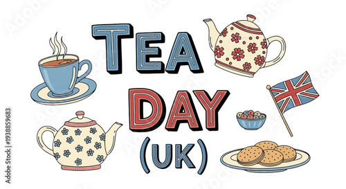 Tea Day UK Illustration with Teacups and Teapots.