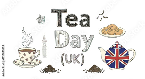 Tea Day UK Celebration with Tea Cup and Teapot.