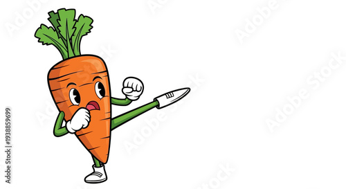 Cartoon carrot character playfully points with a knife on transparent background silhouette