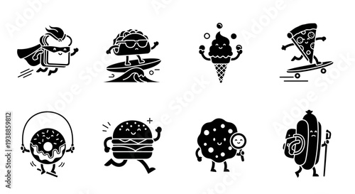 Cute food characters with playful poses on transparent background silhouette