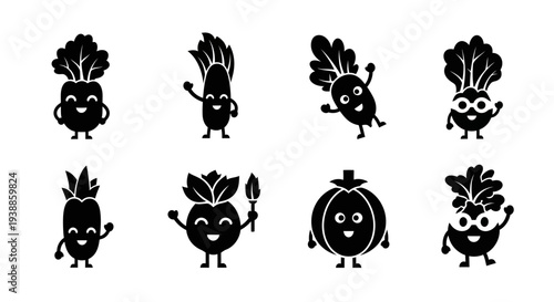 Cute cartoon root vegetables waving perfect for design on transparent background silhouette