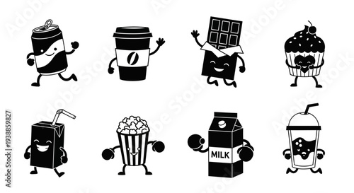 Cute cartoon food items waving perfect for design on transparent background silhouette
