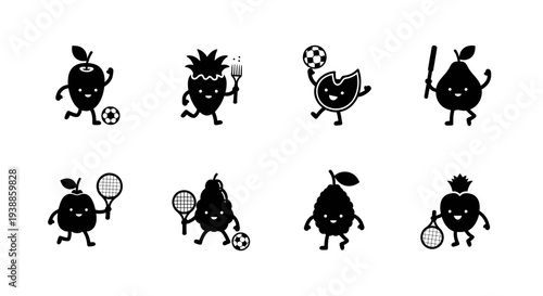 Cute fruit characters with sports equipment a playful silhouette on transparent background