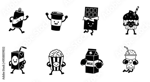 Cute cartoon food and drink characters with arms on transparent background silhouette