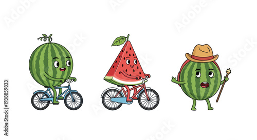 Three anthropomorphic watermelons ride bicycles a fun illustration on transparent background silhouette
