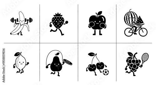 Playful fruit characters exercising in a grid on transparent background silhouette