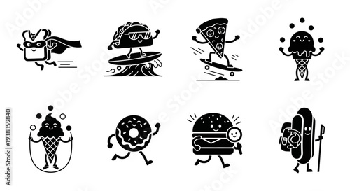 Cute food characters with faces and limbs on transparent background silhouette