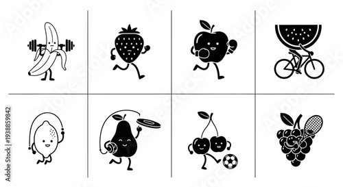 Cute cartoon fruits and vegetables exercising ideal for design on transparent background silhouette