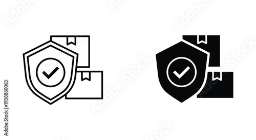 A graphic design featuring two shield icons with checkmarks on a white background