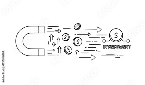 Investment profit concept with magnet attracting coins and financial symbols monocolor outline vector illustration
