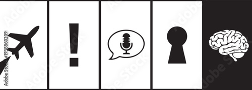 Airplane, exclamation mark, microphone and keyhole icons with brain graphic